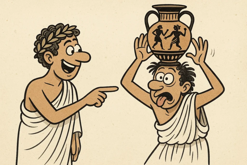 A funny cartoon drawing of Ancient Greeks in togas