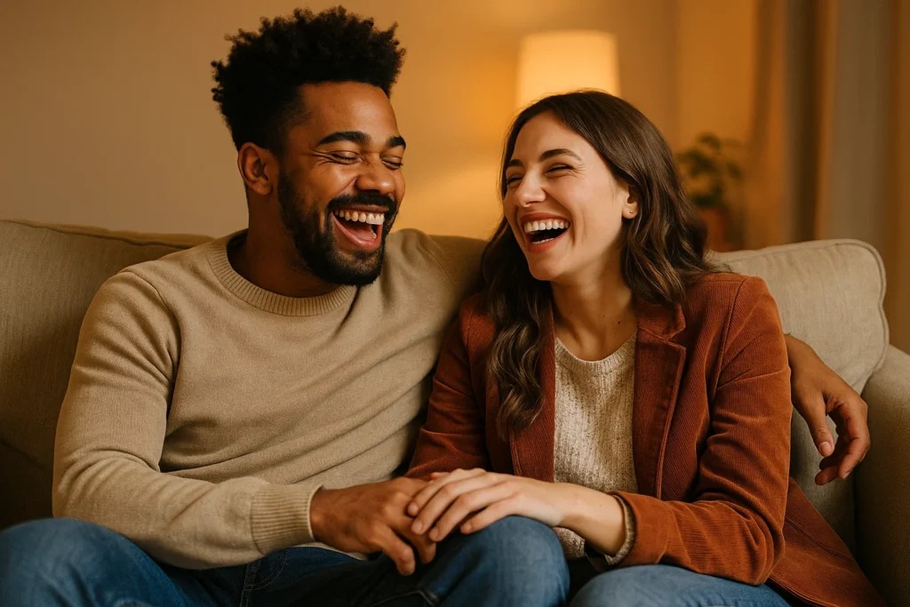 happy couple sitting on a couch, laughing together