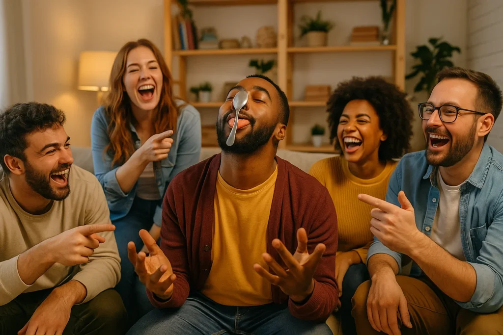 One person is in the middle of doing a silly dare, like balancing a spoon on their nose,