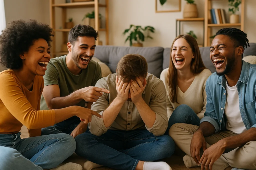 group of friends laughing together while playing a game indoors