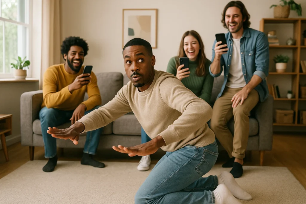 a person doing a silly dance move, like the worm or the robot, in the middle of a living room