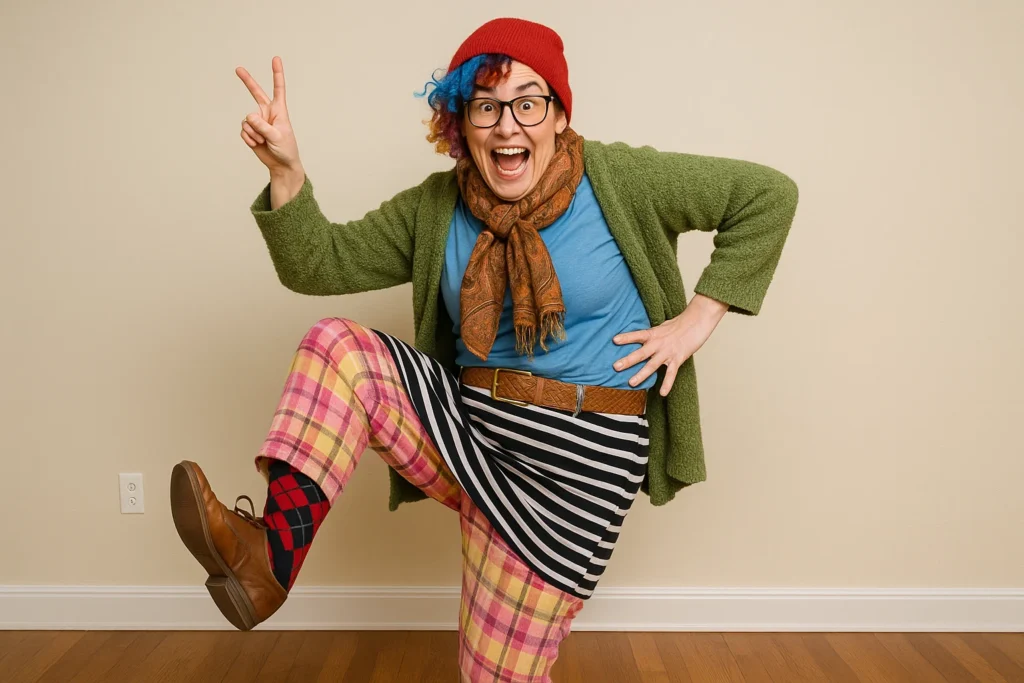 wearing a ridiculously mismatched outfit they had to put together from clothes provided by other party guests as part of a dare.