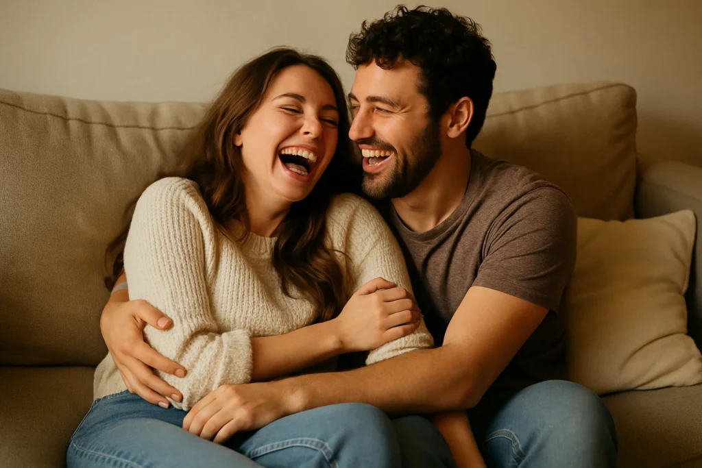 A sweet, romantic but playful photo of a couple laughing together on a couch.