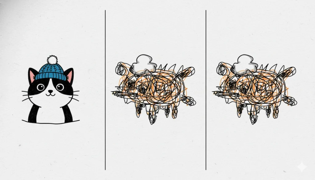 A funny example of the Telephone Pictionary game showing how a sentence becomes a drawing and then a new sentence.