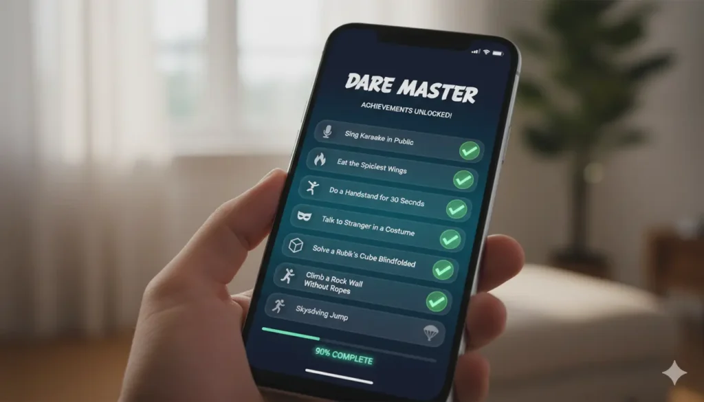 Phone screen showing completed dare challenges with checkmarks for text game