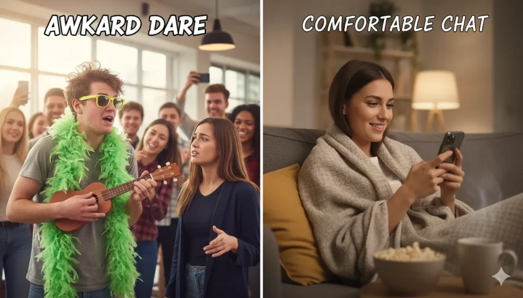 Comparison of in person awkward dare versus comfortable texting truth or dare game
